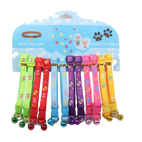 Manufacturer wholesale multi-colors paw print adjustable nylon cat dog collar with bell