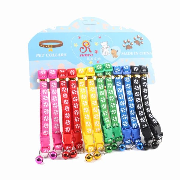 Manufacturer wholesale multi-colors paw print adjustable nylon cat dog collar with bell