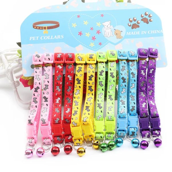 Manufacturer wholesale multi-colors paw print adjustable nylon cat dog collar with bell