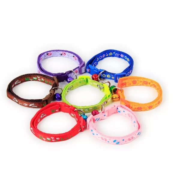 Manufacturer wholesale multi-colors paw print adjustable nylon cat dog collar with bell